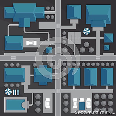 Top view map of the city with streets and houses. View from above. Colorful vector illustration, flat style. Vector Illustration