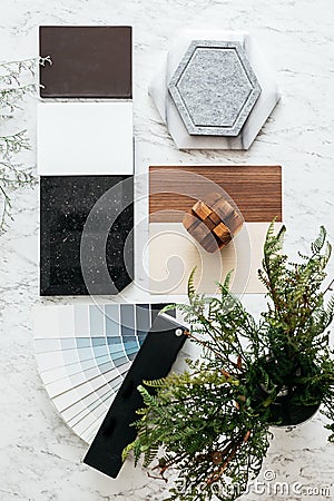 Top view of Material Selections including Granite tile Marble tile Acoustic tile Walnut and Ash Wood Laminate. Stock Photo