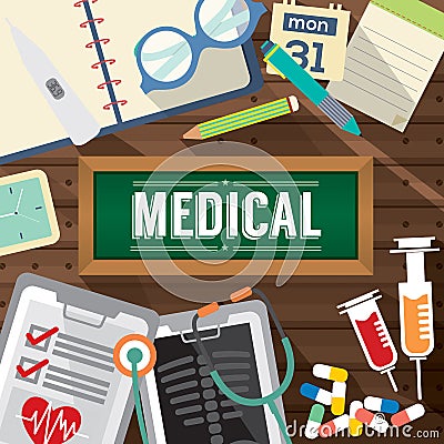 Top View Of Medicine Tablets, Hypodermic Syringe And Diagnosis Paper Medical Concept. Vector Illustration