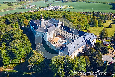 Top view of medieval castle Zbiroh. Czech Republic. Picturesque landscape with imposing medieval Zbiroh Castle in Rokycany Stock Photo
