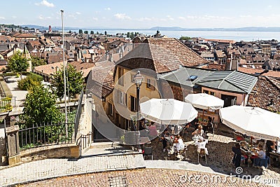 Top view of the medieval town Neuchatel with Lake Neuchatel Editorial Stock Photo