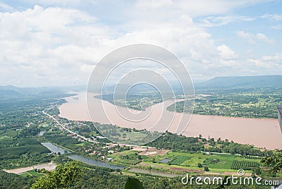 Top view Mekong river with mountain and cloudy sky. Stock Photo