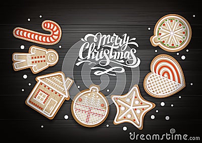 Top view of Merry Christmas concept design. Holiday cookies on wooden background. Vector Illustration