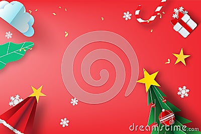 Top view Merry Christmas and Happy new year on red background.Creative design paper art and craft style.Minimal cover sweet pastel Vector Illustration