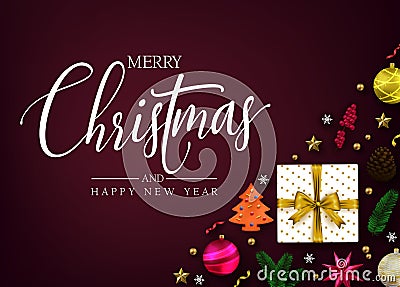 Top View Merry Christmas and Happy New Year Typography Message Vector Illustration
