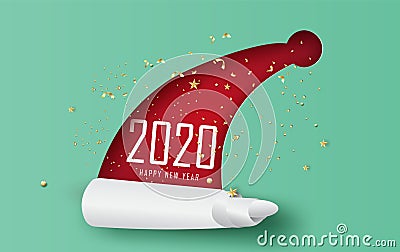 Top view Merry Christmas hat concept.Happy New Year horizontal banner.Red tone background with realistic gold snowflakes,star and Vector Illustration