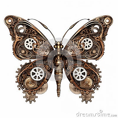 Top view on metal steampunk butterfly with gears in wings lie on white background Stock Photo