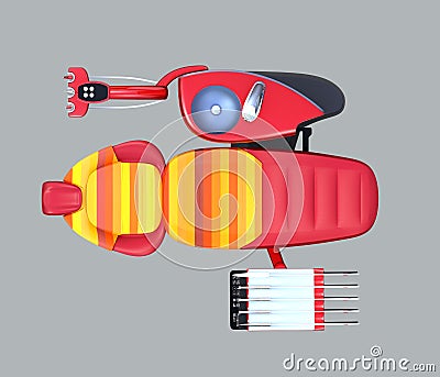 Top view of metallic red dental unit equipment with colorful chair, frosted glass partition Stock Photo