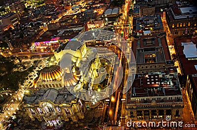 Top view of Mexico-city at night, Bellas Artes Stock Photo