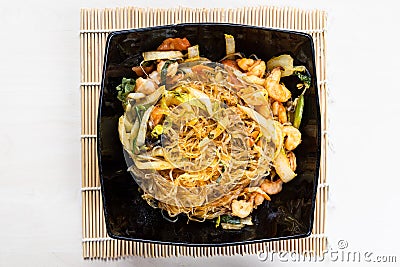 Top view of Mien Xao wok stir-fried glass noodles Stock Photo