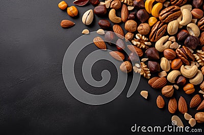 Top view of mixed nuts on stone table surface. Generate ai Stock Photo