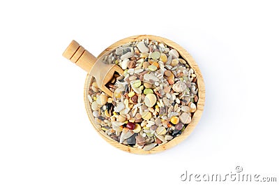 Top view of mixed variety kinds of natural cereal and grain seed pile in wooden bowl and spoon Stock Photo