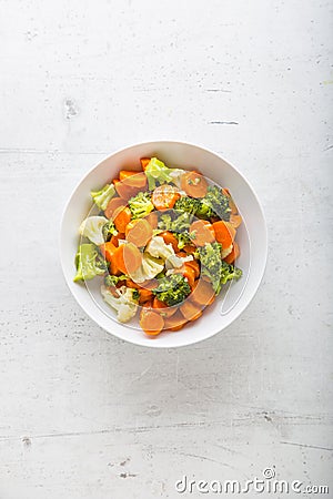 Top of view mixed vegerable carrot broccoli and cauliflower in b Stock Photo