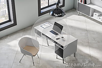 Top view of modern office interior with empty mock up laptop, window and city view, desktop workplace and bookcase. 3D Rendering Stock Photo