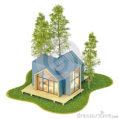Top view of a modern small wooden tiny house in the Scandinavian style born with a metal roof on an island with a green lawn and Cartoon Illustration