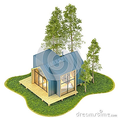 Top view of a modern small wooden tiny house in the Scandinavian style born with a metal roof on an island with a green lawn and Cartoon Illustration