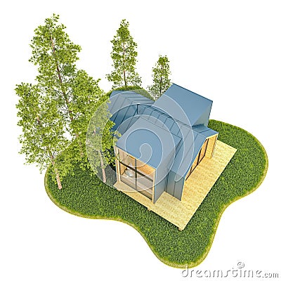 Top view of a modern small wooden tiny house in the Scandinavian style born with a metal roof on an island with a green lawn and Cartoon Illustration