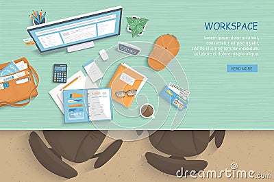 Top view of modern and stylish workplace. Table, armchairs, monitor, notebook, paper, coffee. Vector Illustration