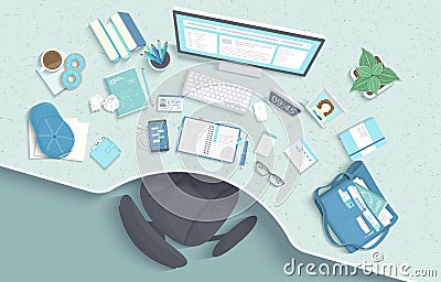 Top view of modern and stylish workplace. Table with recess, armchair, monitor, books, notebook, headphones, phone. Vector Illustration