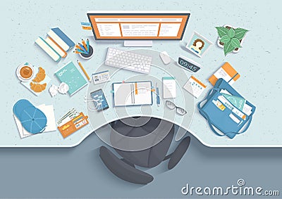 Top view of modern and stylish workplace. Table with recess, chair, monitor, books, notebook, headphones, phone. Vector Illustration