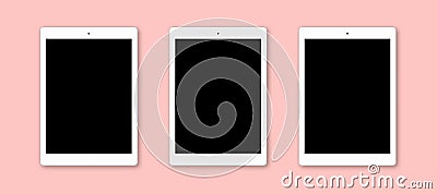 Top view of modern tablet computers with blank screens, isolated on pink background. Flat lay. Realistic gadgets to present your a Stock Photo