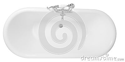 Top view of a modern white bathtub with a stainless metal faucet isolated on a white background Stock Photo