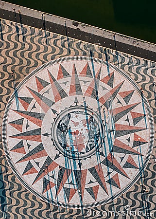 Top View of the Mosaic World Map showing the discoveries and routes in 15th 16th centuries at Monument of the Discoveries, Lisbon Editorial Stock Photo