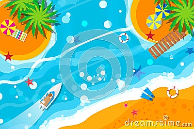 Top view motor yacht. Beach rest. Holidays. Summer vacation. Time to travel. Vector Illustration