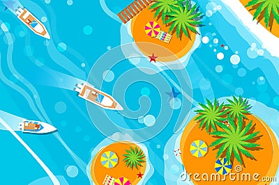 Top view motor yacht. Beach rest. Holidays. Summer vacation. Time to travel. Vector Illustration