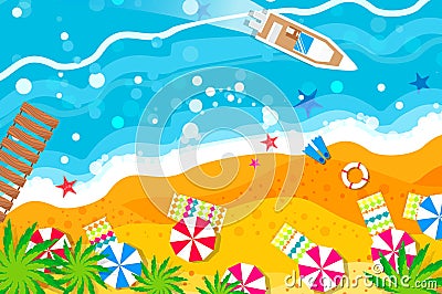 Top view motor yacht. Beach rest. Holidays. Summer vacation. Time to travel. Vector Illustration