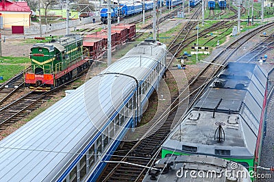 Top view of moving trains, Gomel, Belarus Editorial Stock Photo
