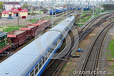 Top view of moving trains on marshalling yard, Gomel, Belarus Editorial Stock Photo