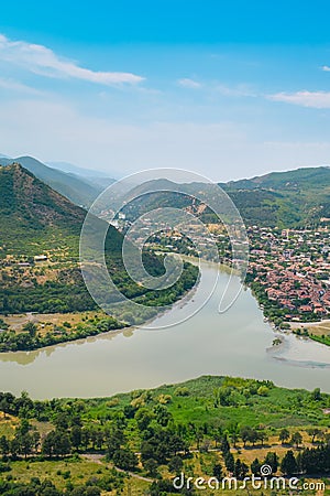 The top view of Mtskheta, Georgia. The historical town lies at the confluence of the rivers Mtkvari and Aragvi. Georgian Stock Photo