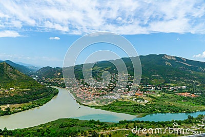 The Top View Of Mtskheta, Georgia, The Old Town Lies At The Confluence Of The Rivers Mtkvari And Aragvi. Svetitskhoveli Cathedral Stock Photo