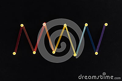 Top view of multicolored abstract connected lines with pins isolated on black, connection and communication concept. Stock Photo