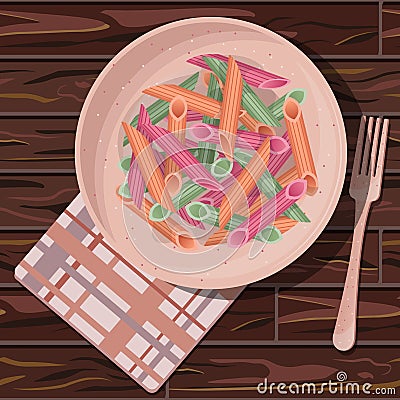 Top view of multicolored penne rigate pasta in pink plate with fork on check napkin isolated on wooden table Vector Illustration