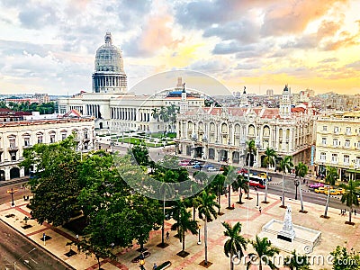 Top view of National Capitol Building and the central park on sunset in the old Havana. Cuba Editorial Stock Photo