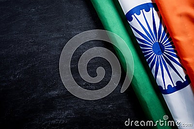 Top view of National Flag of India on blackboard background. Indian Independence Day Stock Photo