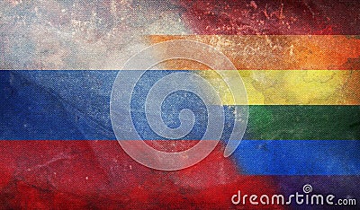 Top view of national lgbt retro flag of Russia with grunge texture, no flagpole. Plane design, layout. Flag background. Freedom Stock Photo