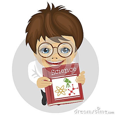 Top view of nerd schoolboy showing science book Vector Illustration