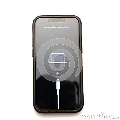 Top view new Apple iPhone mini 13 in protective case showing support .apple.com iphone restore issue error message isolated on Editorial Stock Photo