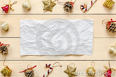 Top view note crumpled paper Chrismas decoration and ornament on Stock Photo