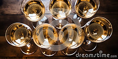 Top view of numerous champagne glasses. AI generative Stock Photo