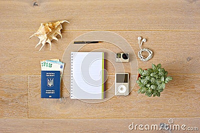 Top view of objects on wooden background Stock Photo