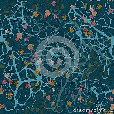 Top view of the ocean surface. Deep water with seaweed at the bottom. Ripple and splashes. Fallen leaves on the water. Vector Illustration