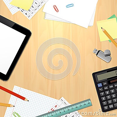 Top view on office desk with business and office supplies Vector Illustration