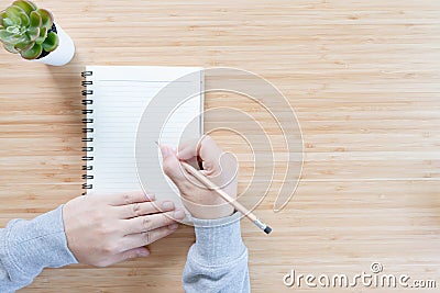 .Flat layTop view of office desk table with hand hold pencil, open spiral notebook, and small tree in a white pot on wood table Stock Photo