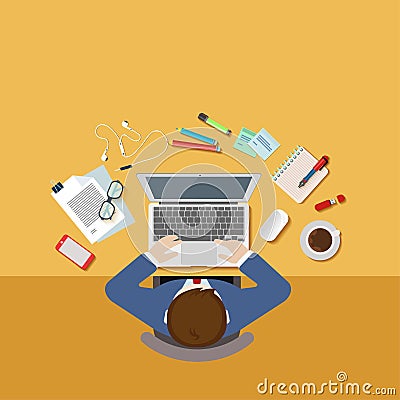 Top view office desk workplace concept flat 3d web isometric Vector Illustration