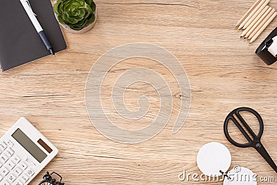 Top view office stationery on wooden table with copy space.student stuff on desk.education concept Stock Photo