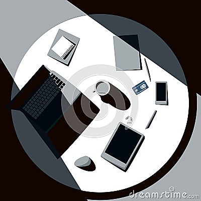 Top view of office table with laptop, tablet, cup of coffee, smartphone and credit card. Sunlight falls on desk Vector Illustration